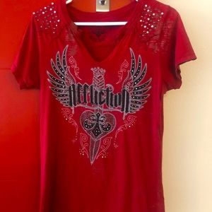 “Affliction” V-Neck tshirt size large. Red with rhinestones & rivets